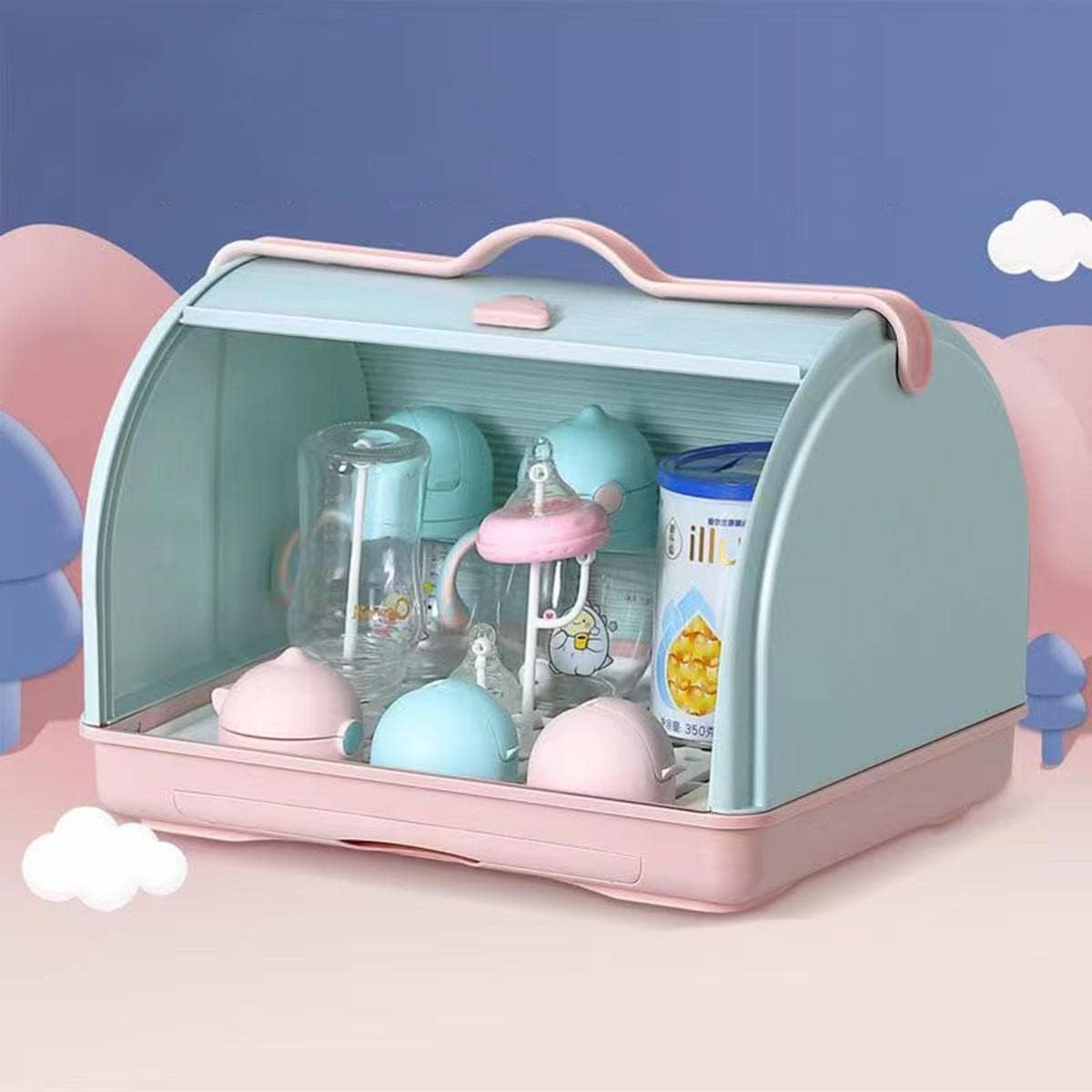 LOOKMINT Feeding Bottle Drying Rack, Baby Bottle Drying Rack Container, Sterilizer and Dryer with Easy-Carry Handle, Portable Feeding Bottle Drying Rack for Baby (Sky)