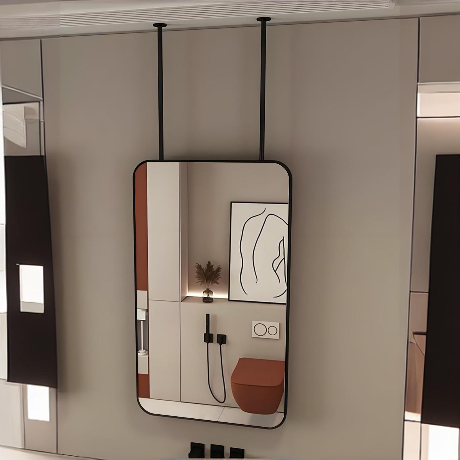 FGXHHS Black Rectangular Floating Mirror, Vertical Ceiling Hanging Mounted Mirrors(Customizable Boom), Living Room, Bathroom Makeup Shaving Metal Decor Mirror(50cmx70cm)