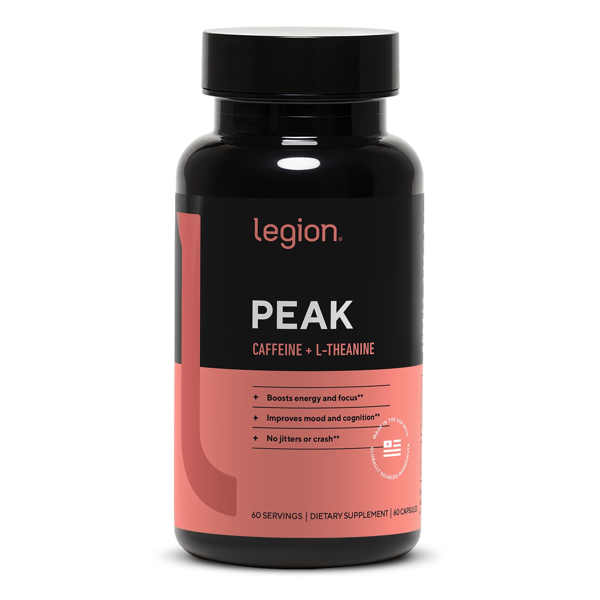 LEGION Peak Caffeine and L Theanine Pills - 200 mg Natural and Organic L Theanine Caffeine Supplement for Smooth Energy, Focus and Cognitive