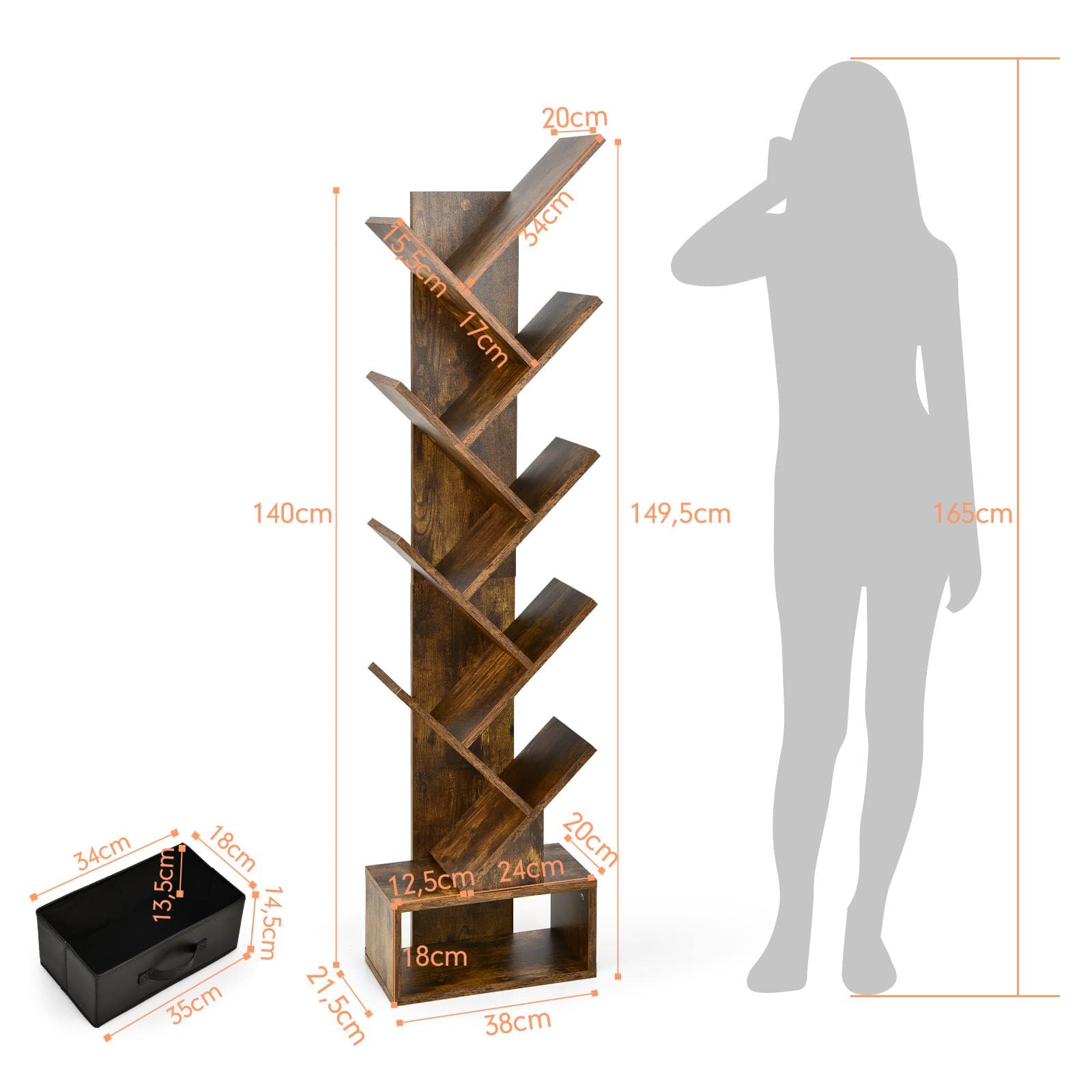 Étagère Arbre 8 Niveaux Avec Tiroir - Bibliothèque Design Pour CD, DVD, Livres - Salon, Chambre, Bureau - Marron