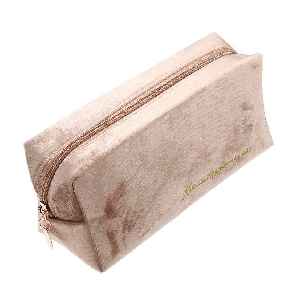 LNTICB Cosmetic Bag Travel Makeup Bag Organizer Velvet Toiletry Wash Bag Pouch or Purse Pencil Case with Zipper Portable Washable Multi-Functional Lightweight for Women Girls Men, Khaki,