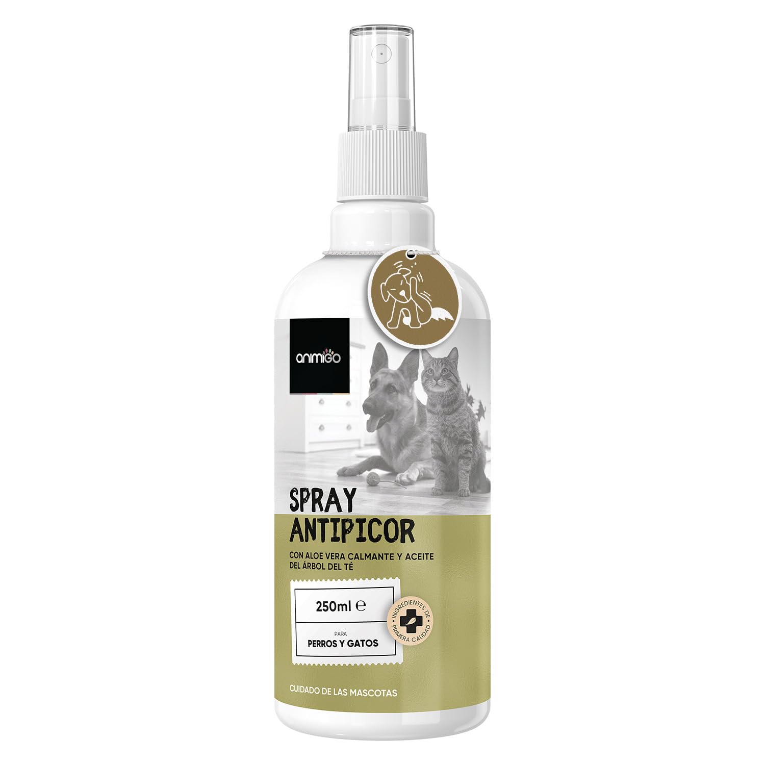 animigo Spray Antipicores Perros y Gatos 250 ml - Calmante para Alergias e Irritación con Aceite de Árbol de Té, Clavo y Aloe Vera - Hidrata y Alivia Puntos Calientes, Heridas y Picaduras de Insectos