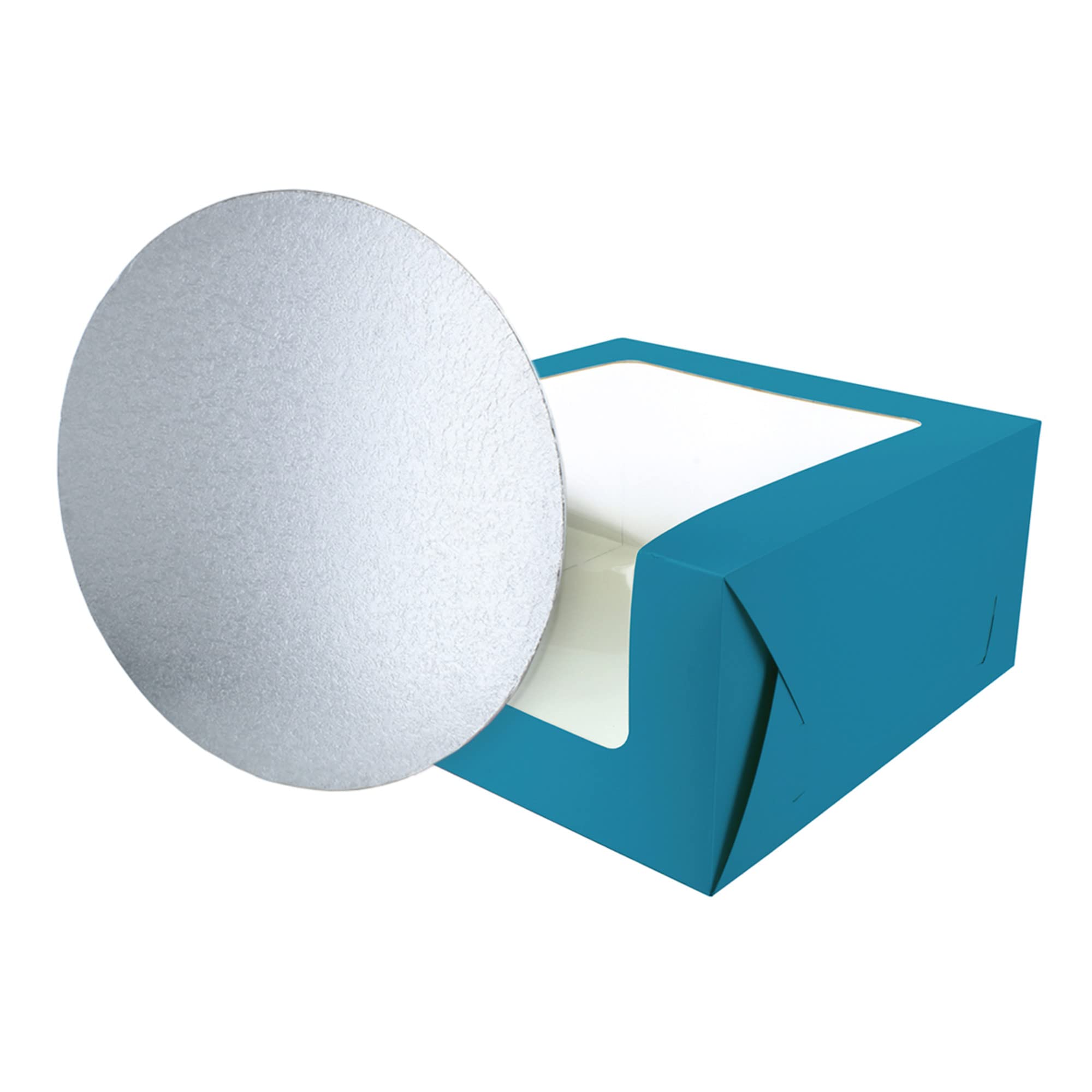 Baked With Love Blue,Silver 90282 Teal Blue Printed Cake Box And Board, 10 Inch Colourful Windowed Treat Box And Silver Card For Birthday, Celebrations, Parties. 10" Box And Board