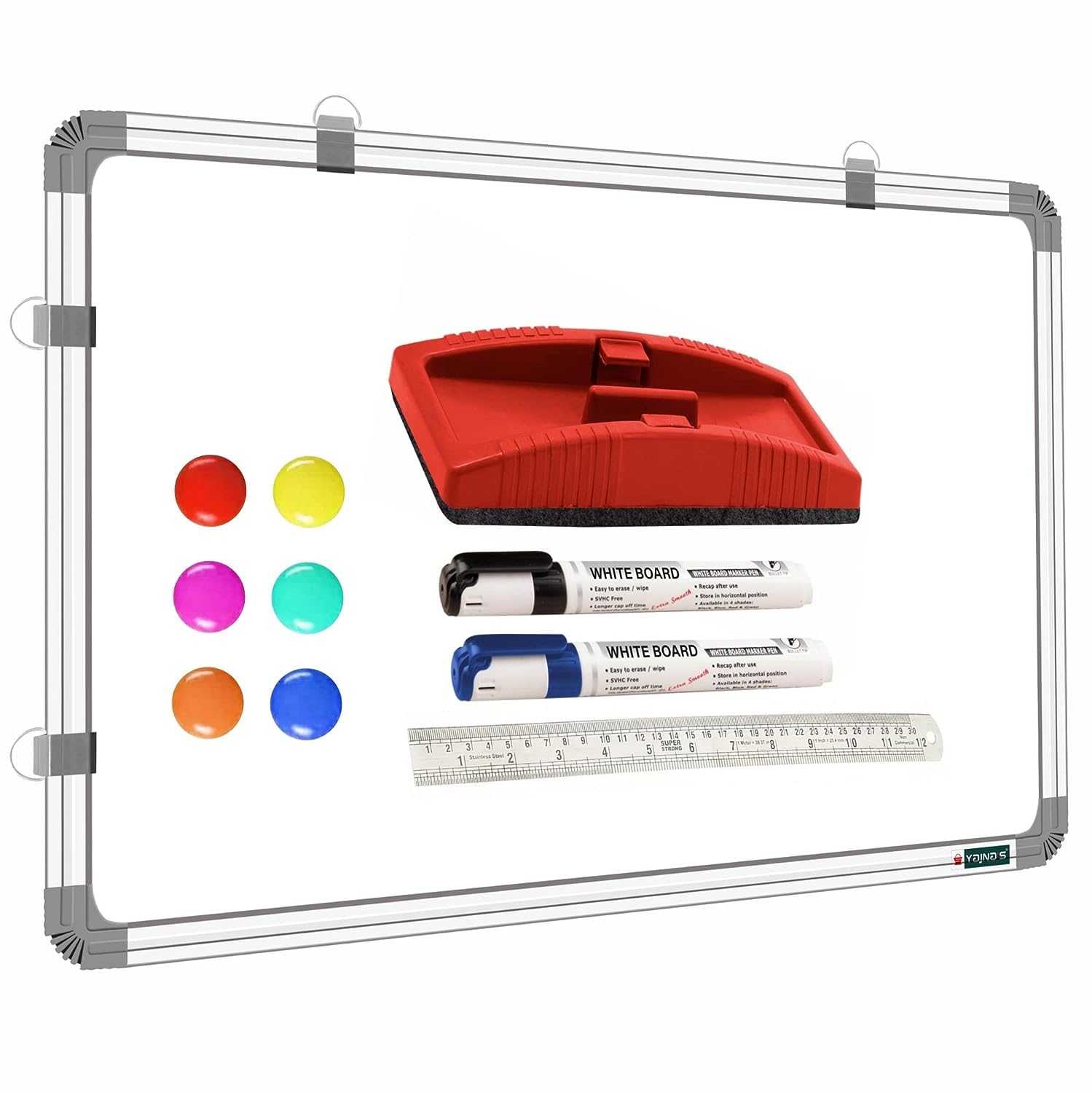 YAJNAS Tableau blanc magnétique effaçable à sec 28 x 28 cm avec 6 aimants, 1 gomme/plumeau magnétique, 1 échelle de 30 cm et 2 marqueurs effaçables à sec pour la maison, le bureau et l'école