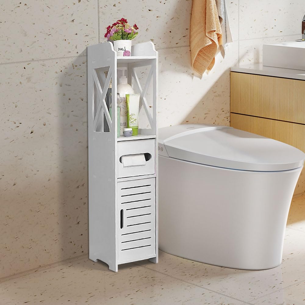 HUOLE Kleiner Schrank für Toilette, Toilettenpapierhalter, WC-Bürstenhalter, Badezimmerschrank auf Holzfuß, Badezimmerschrank (15 x 15 x 80 cm, weiß)