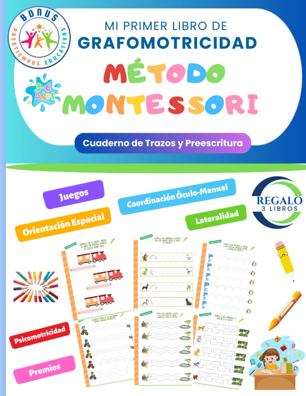 Grafomotricidad 3-6 años. Método Montessori Cuaderno Trazos y Preescritura para el manejo del lápiz y la Psicomotricidad.: Libro para aprender a ... rubio Lectoescritura Educación Infantil