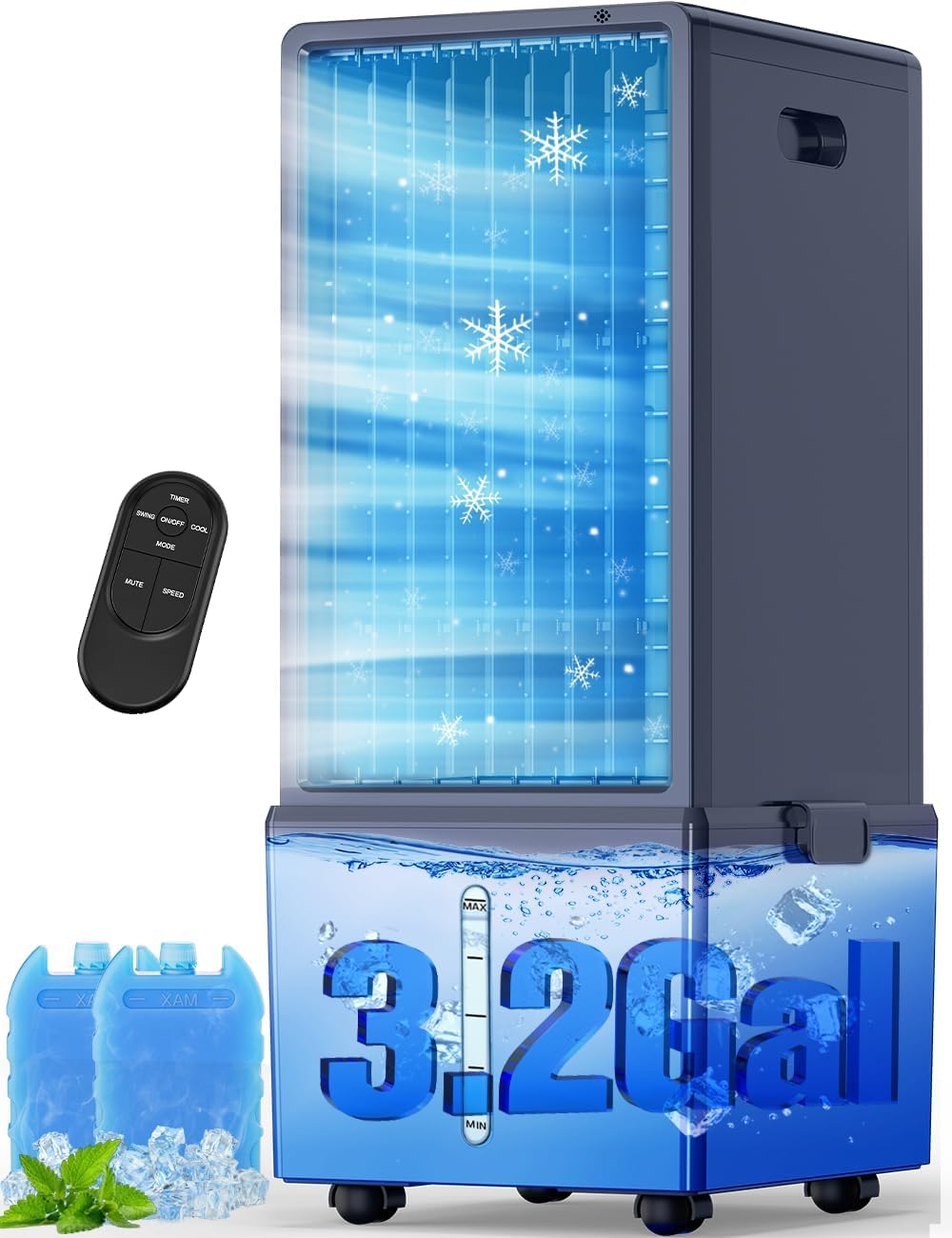 4-IN-1 Windowless Portable Air Conditioner w/ 4 Speeds & 4 Modes, 3.2-Gal Dual Tank for 24H Cooling, Waterless Alert System, 12H Timer, Remote &Touch, Swamp Cooler Air Conditioner for Bedrooms