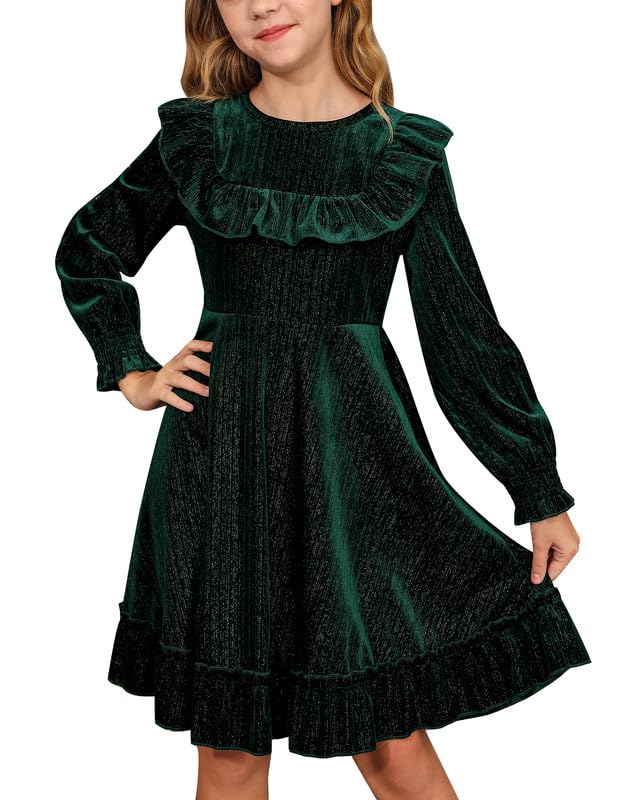 BesserBay Girls Glitter Fall Puff Long Sleeve Ruffle Crewneck Twirly Dress Midi Dress 5-14 Years