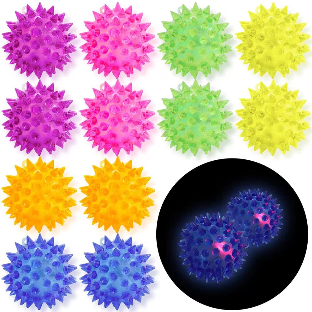 12 Pack LED Light Up Fidget Sensory Bouncy Spiky Ball Squishy Glow in The Dark Flashing Stress Relief Spiky Balls Toy for Party Favors Kids Gifts School Rewards