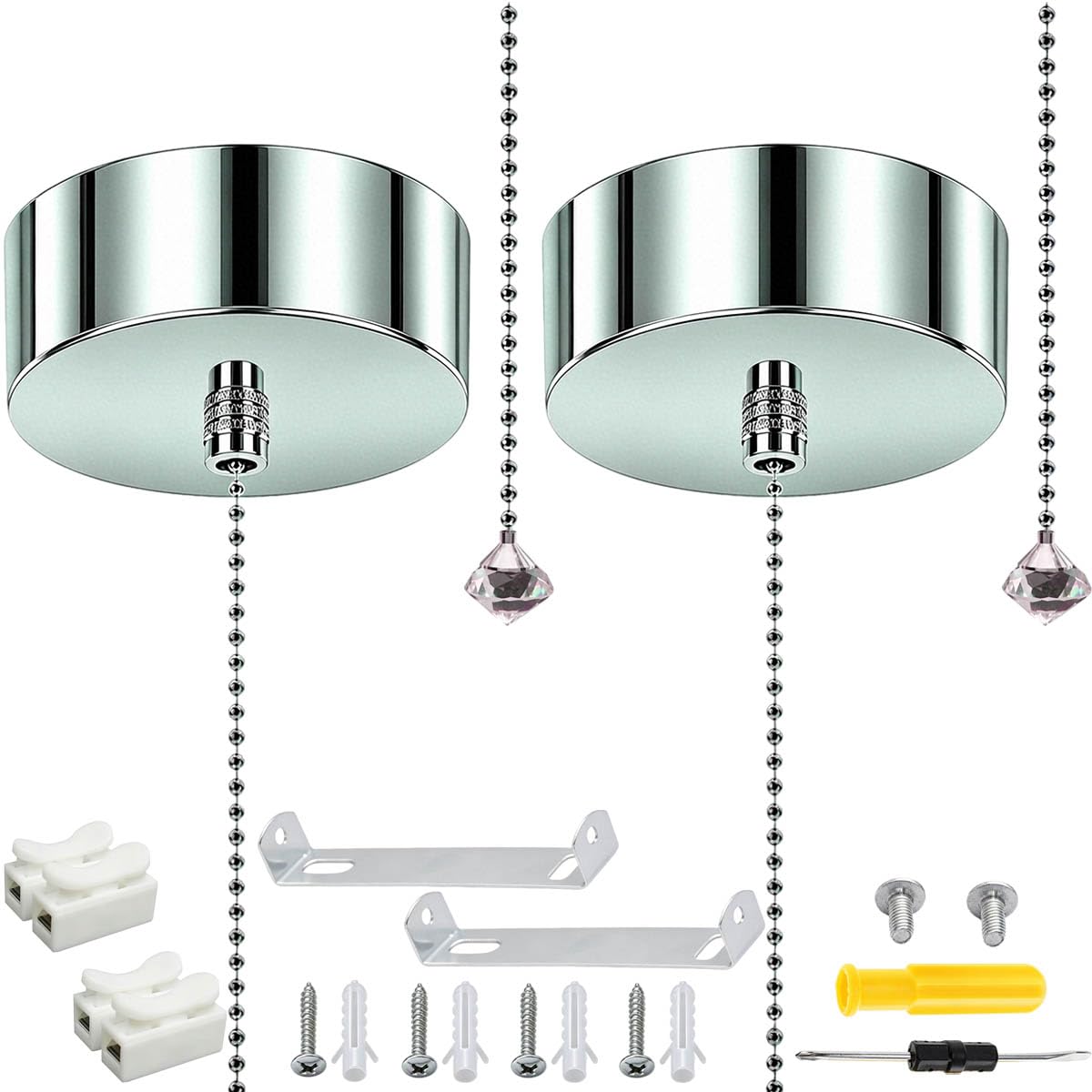 Acmerota Crystal Pendant Pull Cord Light Switch Bathroom Light Pull Cord Chrome Pull Cord Lights Switch Shower Pull Cord Switchs with 150cm Chain for Bathroom Toilet Light Ceiling Lights Fan Switch