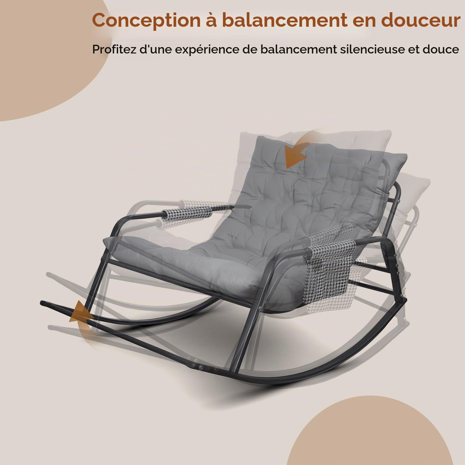 Fauteuil a Bascule d'Intérieur et d'Extérieur, Charge 150kg Chaise a Bascule Surdimensionnée, Rocking Chair Coussin Confortable Utilisation Intérieur/Extérieur pour Salon, Jardin (Gris)