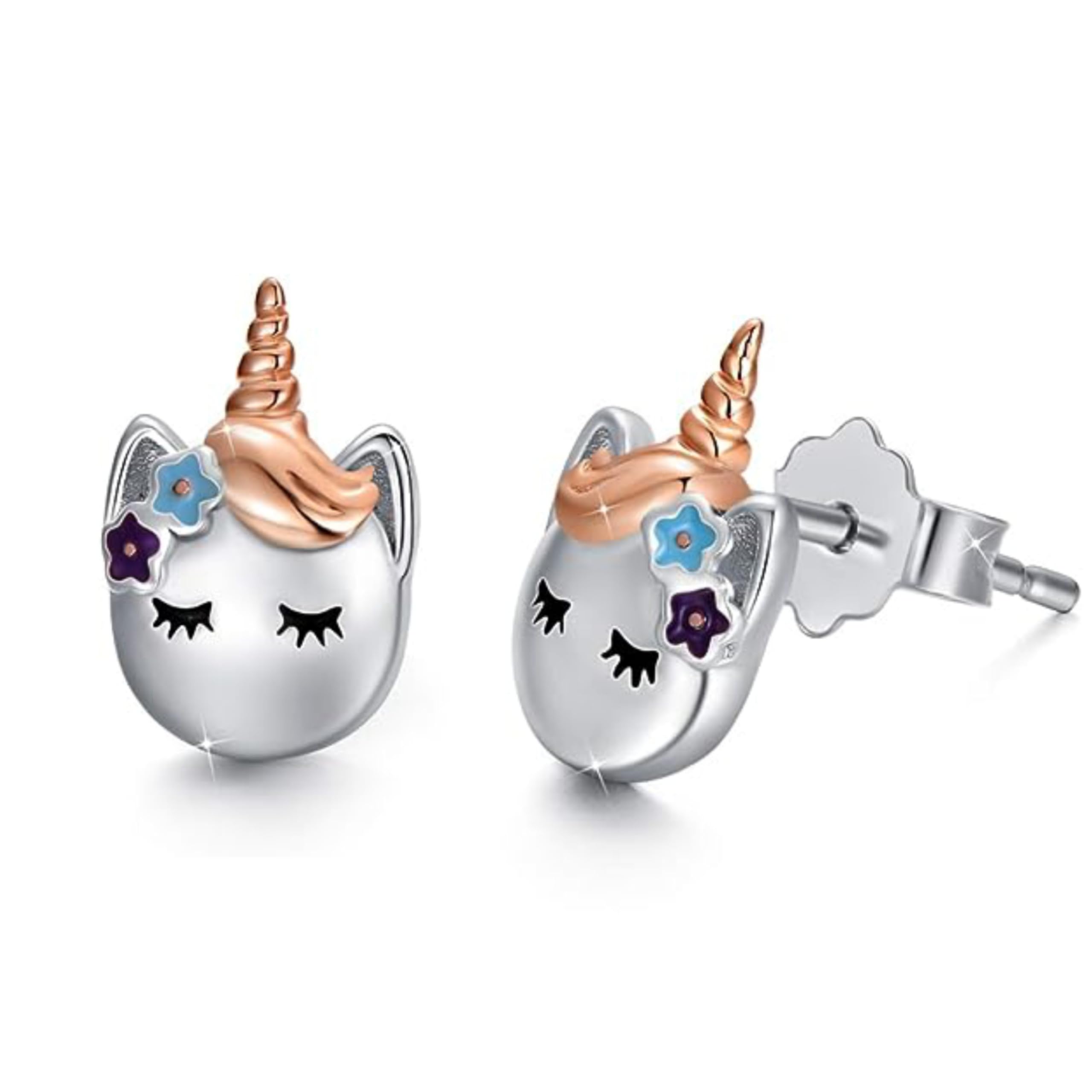 VICKWOOD Pendientes de plata de ley 925 con diseño de mariposa, diseño de unicornio, con nácar, corazón y gotas para niñas, Plata, Circonia cúbica
