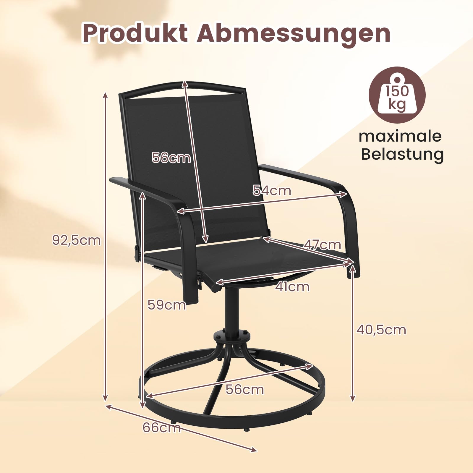 COSTWAY Gartenstühle 360° drehbar, 2er Set Terrassenstühle mit schnell trocknendem Stoff, Drehstühle, Balkonstühle bis 150 kg belastbar für Garten, Hinterhof, Balkon (Schwarz)