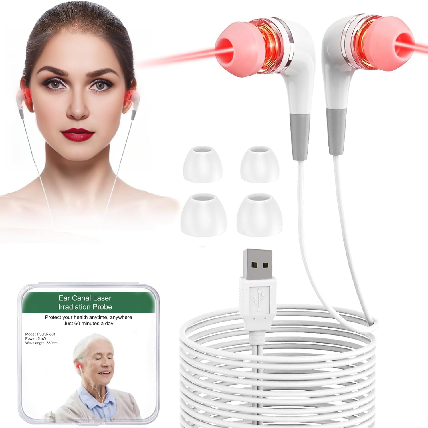 Photo 1 of ?Red Light Therapy for Ears - Pain Relief & Circulation Boost - Safe for Daily Use, 650NM Red Light Ear Therapy Device with Two Pairs of Ear Canal Silicone, Ideal for Home & Office