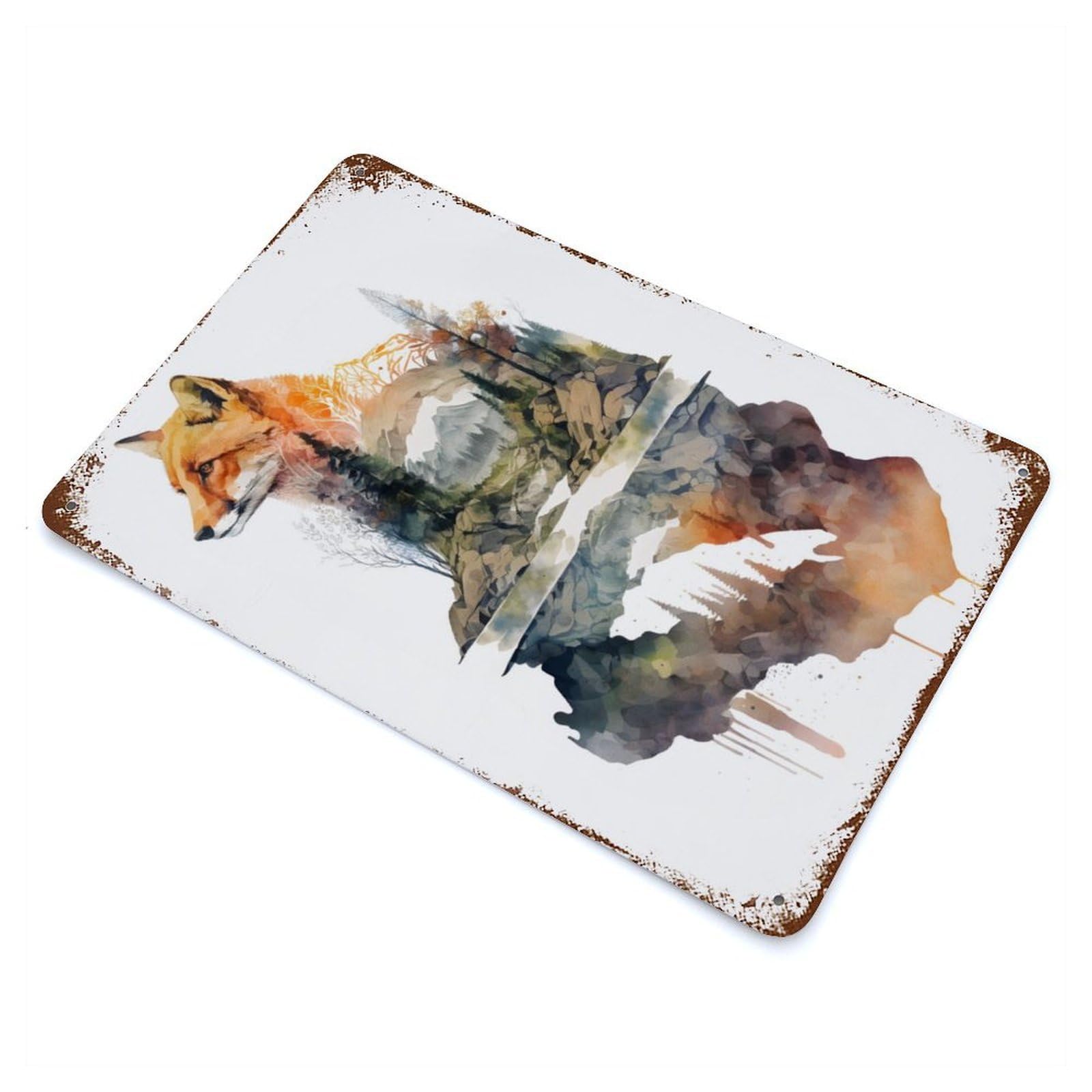 Rust Effect Fox Watercolors 2 Aged Metal Wall Plaque 11.8"x7.9", Farmhouse Wall Decor for Office, Studio And Wall Decor