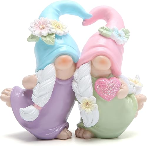 Hodao Estatua de la amistad de gnomo de resina conmovedora - sombrero azul y rosa, diseño floral, vestidos encantadores