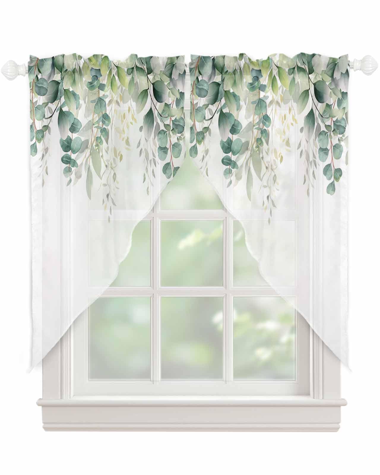 Sage Green Eucalyptus Leaf Swag Valances for Windows Summer Leaves Floral Watercolor Semi Sheer Valance Curtains Voile Swags Topper Curtain for Kitchen Living Room Bedroom, 2 Panels, 36x63 Inch