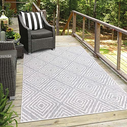 Teppich Outdoor Wetterfest - Grau - 100x200 cm - Geometrisch - Balkon Teppich Wasserabweisend - In-&...