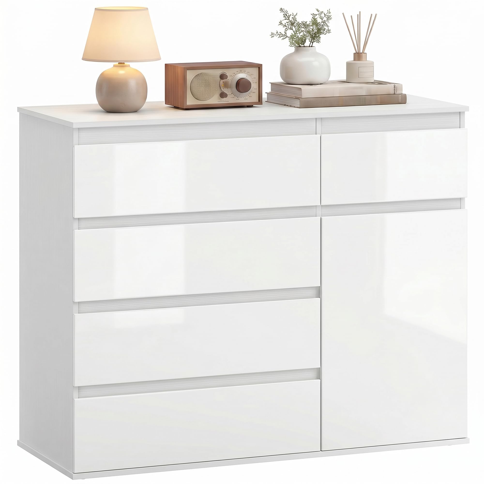 HOMCOM Kommode mit 5 Schubladen, Sideboard Hochglanz Weiß, Schubladenschrank mit verstellbarem Regal und Soft-Close-Tür, für Wohnzimmer und Schlafzimmer, 100 x 40 x 80 cm