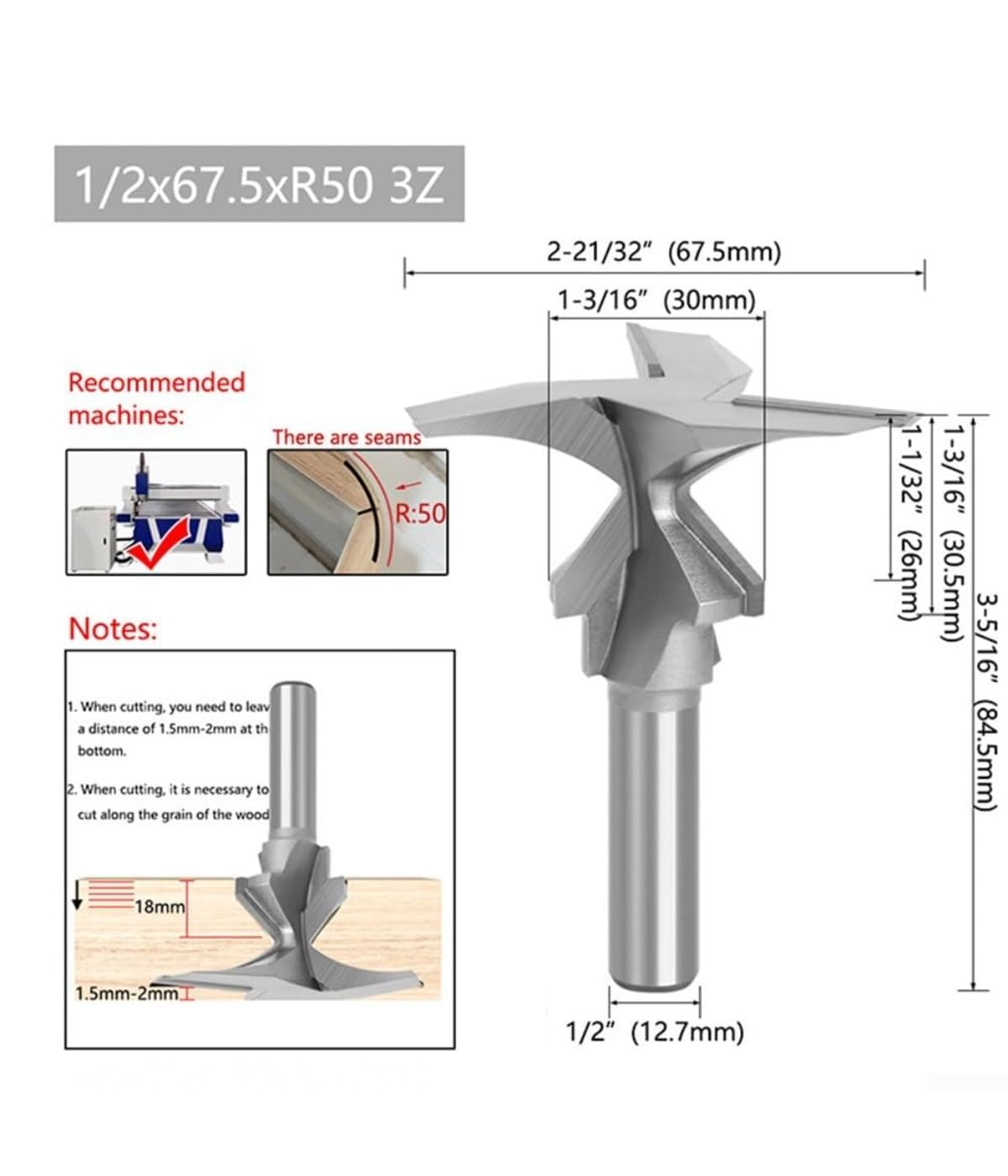 Frez krzywowy, głowica frezarska, frez, narzędzia do obróbki drewna, metal, kompatybilny z większością uchwytów wiertarskich 1/2", srebrny, 1 sztuka (R50)