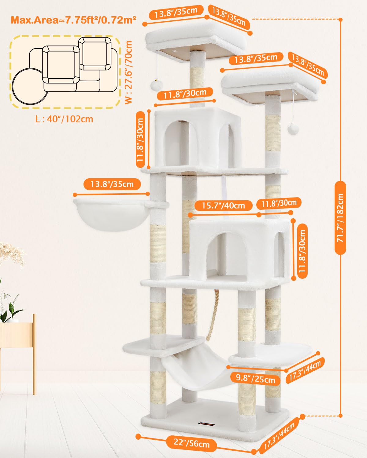 Taoqimiao Cat Tree, 71.7-Inch Cat Tower for Indoor Cats, Plush Multi-Level Cat Condo with 13 Scratching Posts, 2 Perches, 2 Caves, Hammock, 2 Pompoms,MS013LC Cream White
