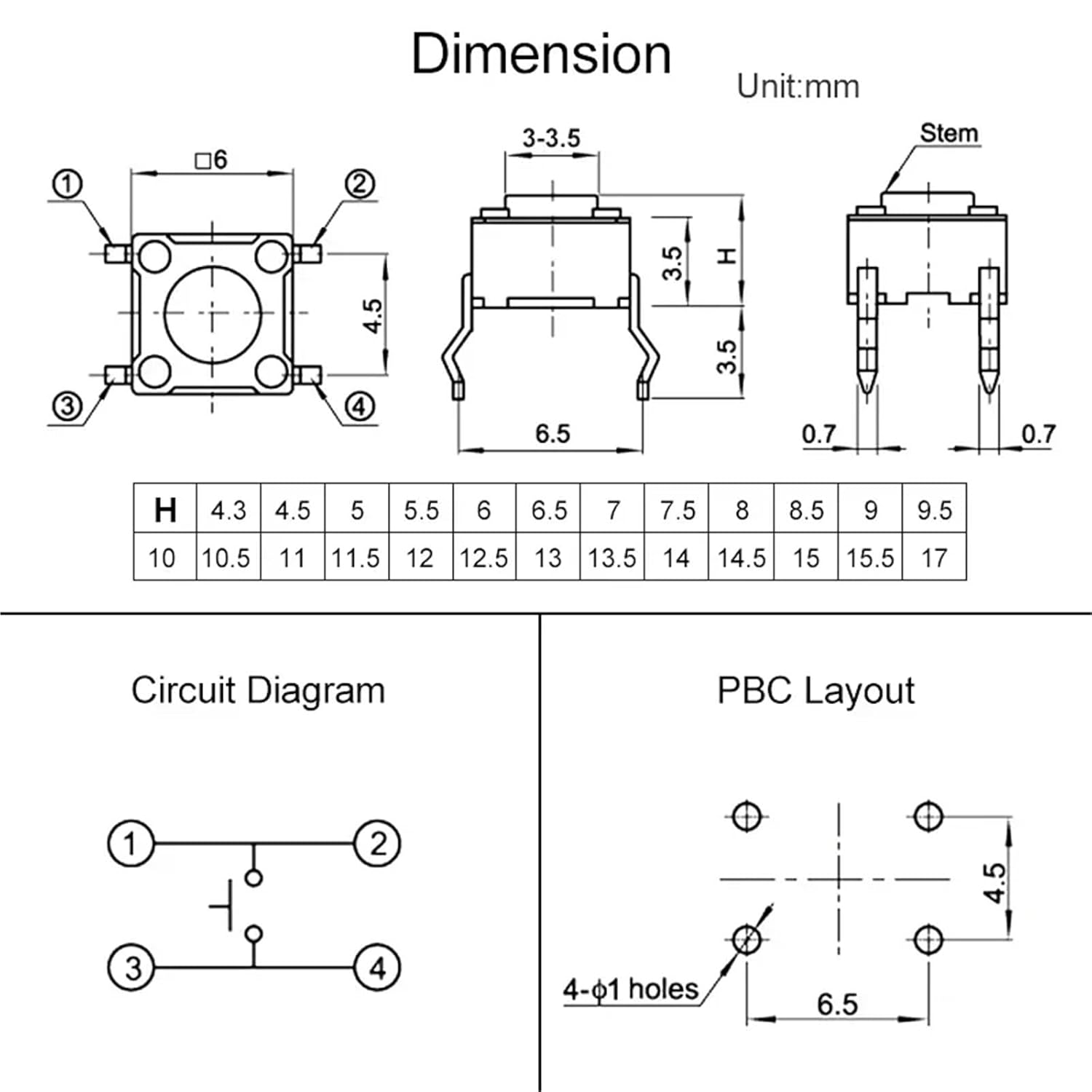 6X6 Panel Tactile Tact Push Button Switch On Off Momentary Reset 4 Pin Black 50Pcs(Other Height)