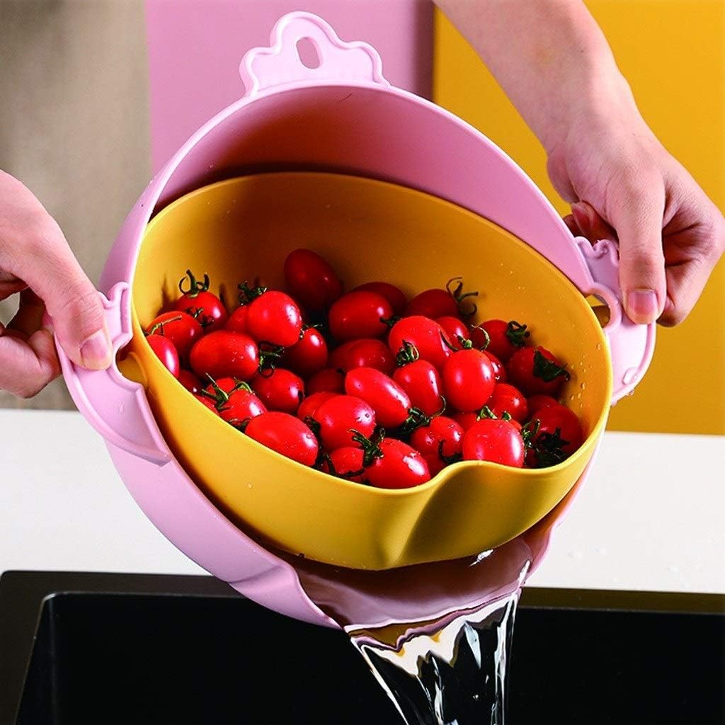 Draining Rack Thick Plastic Colander with Hooks Double-Layer Filter Bowl for Washing Fruits and Vegetables Removable and Separate Use to Save Space Drainage Rack(Pink)