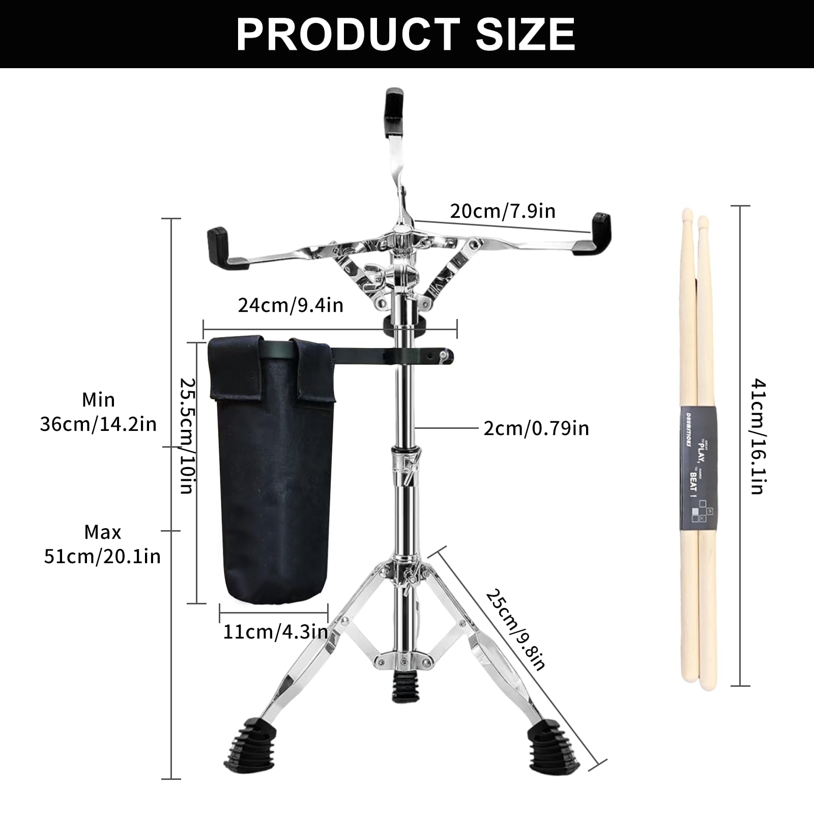 Support de caisse claire avec support de baguette, trépied pliable à double entretoise pour caisse claire de 25,4 à 30,5 cm, hauteur réglable de 45 à 67 cm pour débutants, léger
