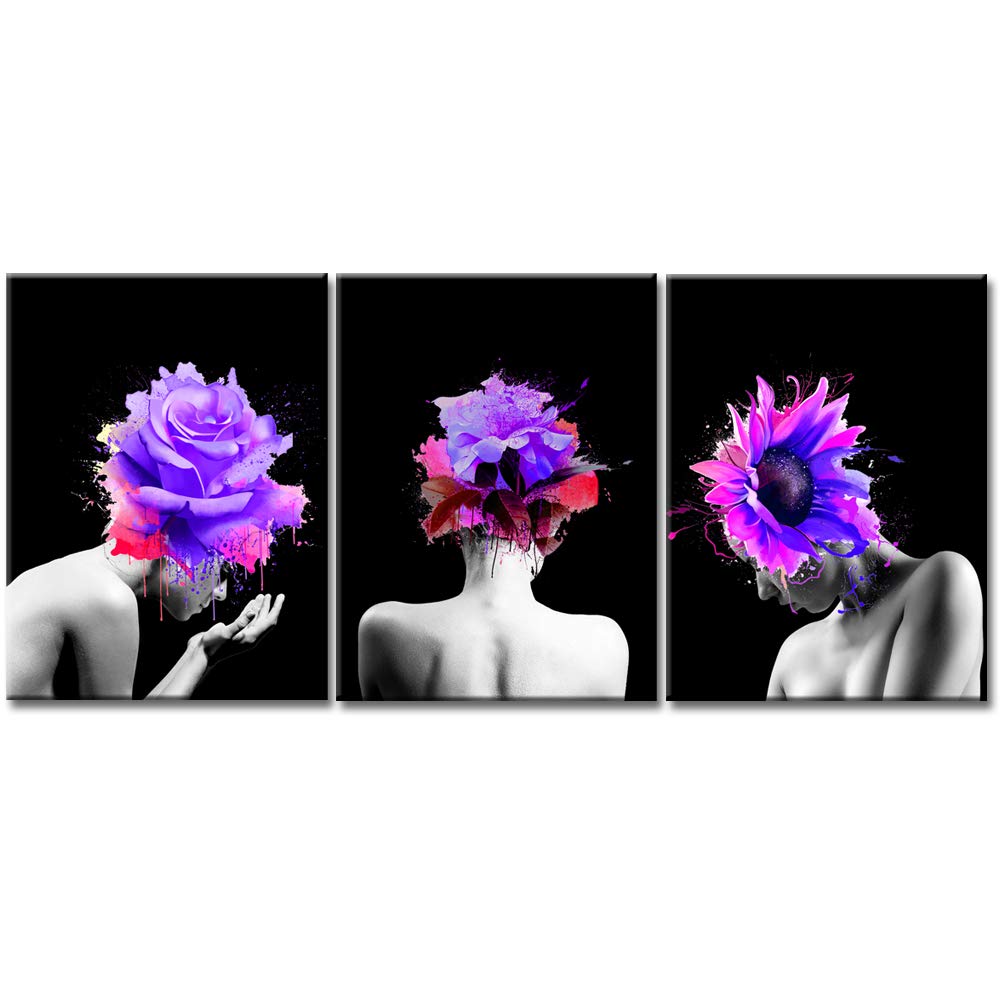 iKNOW FOTO 3 Pieces Black and White Creative Abstract Canvas Prints Women with Beautiful Purple Flowers in Girl Hair Salon Wall Art Gallery Wrap Artwork Ready to Hang 16x24inchx3pcs