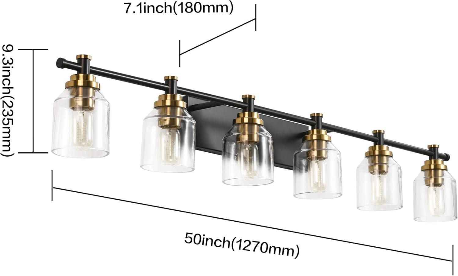 SOLFART 6-Lights Black Brass Bathroom Vanity Light Fixture Vintage Bathroom Fixture Over Mirror Thick Clear Glass
