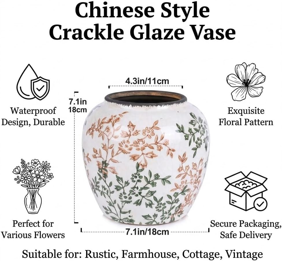 Green and White Vase - 7.1 Inchs Vintage Ceramic Vases for Home Decor, Farmhouse Flower Vase for Living Room and Kitchen, Vintage Pottery Decor for Table Shelf and Mantle, Chinoiserie Decor Vases - Image 2