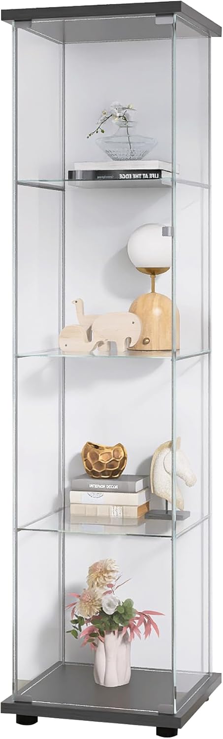 Modern 64'' 4-Shelf Glass Display Cabinet in Clear with Door, Curio Cabinet Collection Display Case, Floor Standing Bookshelf for Living Room Bedroom Home Office (Black -S)