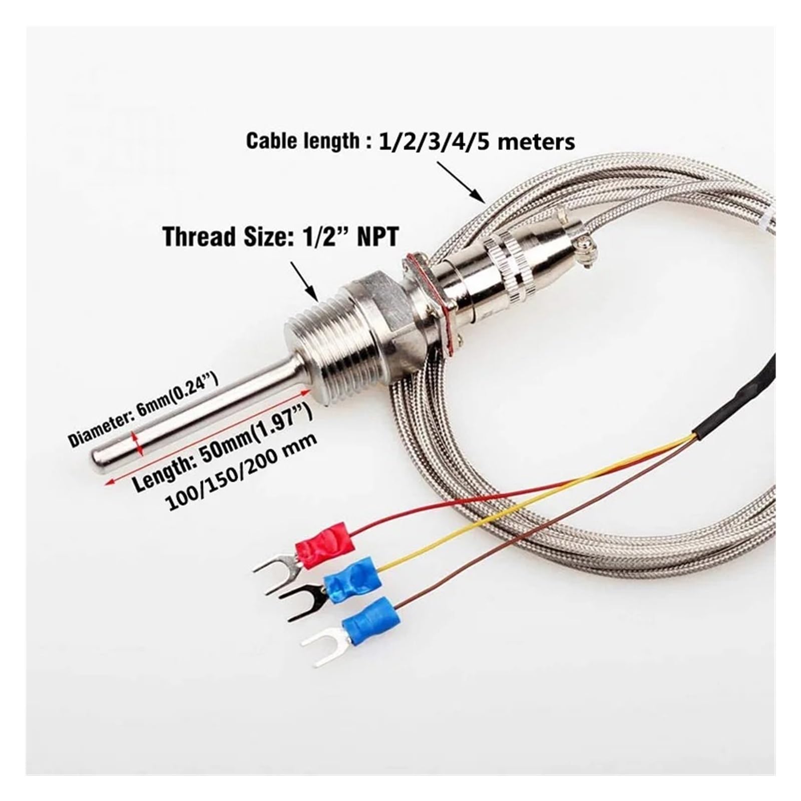 Czujnik temperatury RTD PT100 Sonda 50~200 mm Gwinty 1/2" NPT z kablem 1~5 m -58°F-572oF Wodoodporny i olejoodporny