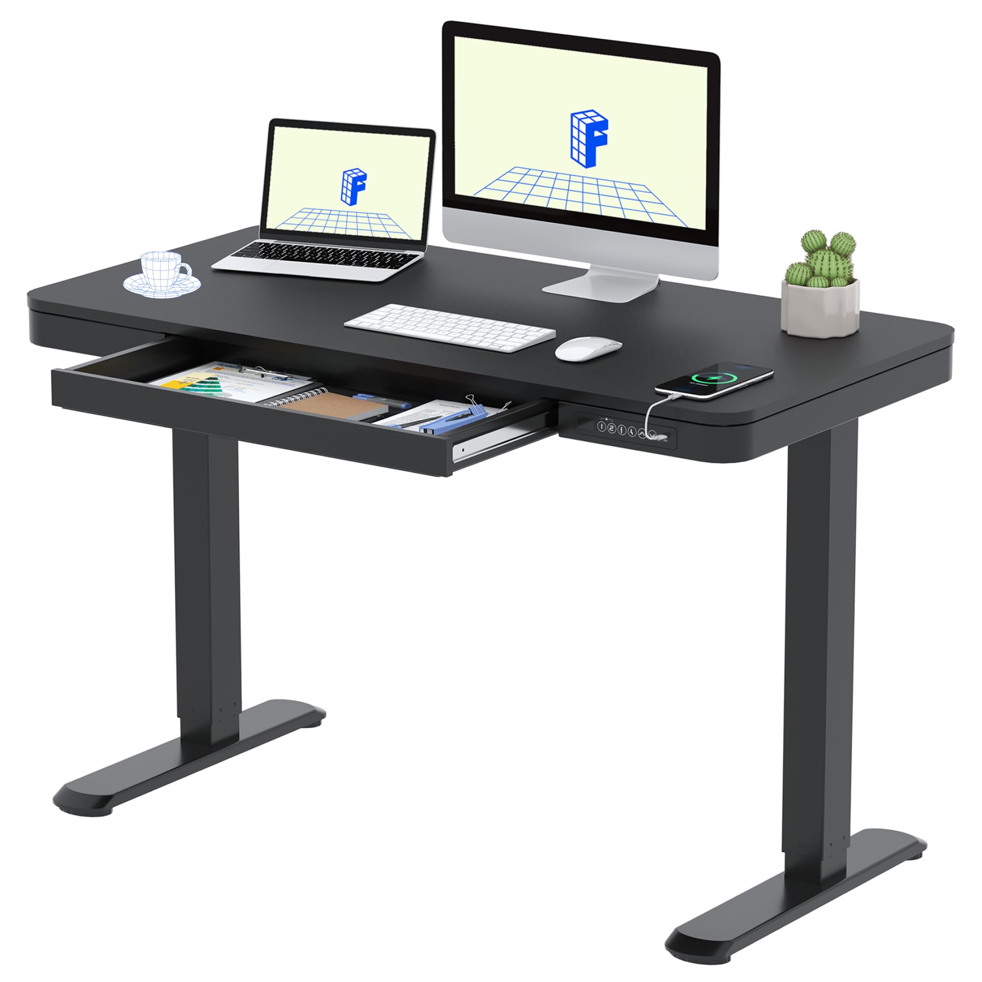 FLEXISPOT Q3 Standing Desk, Home Office Electric Height Adjustable Sit-Stand Desk with Drawer & Fast USB Chargers (Black, 120 * 60 cm)
