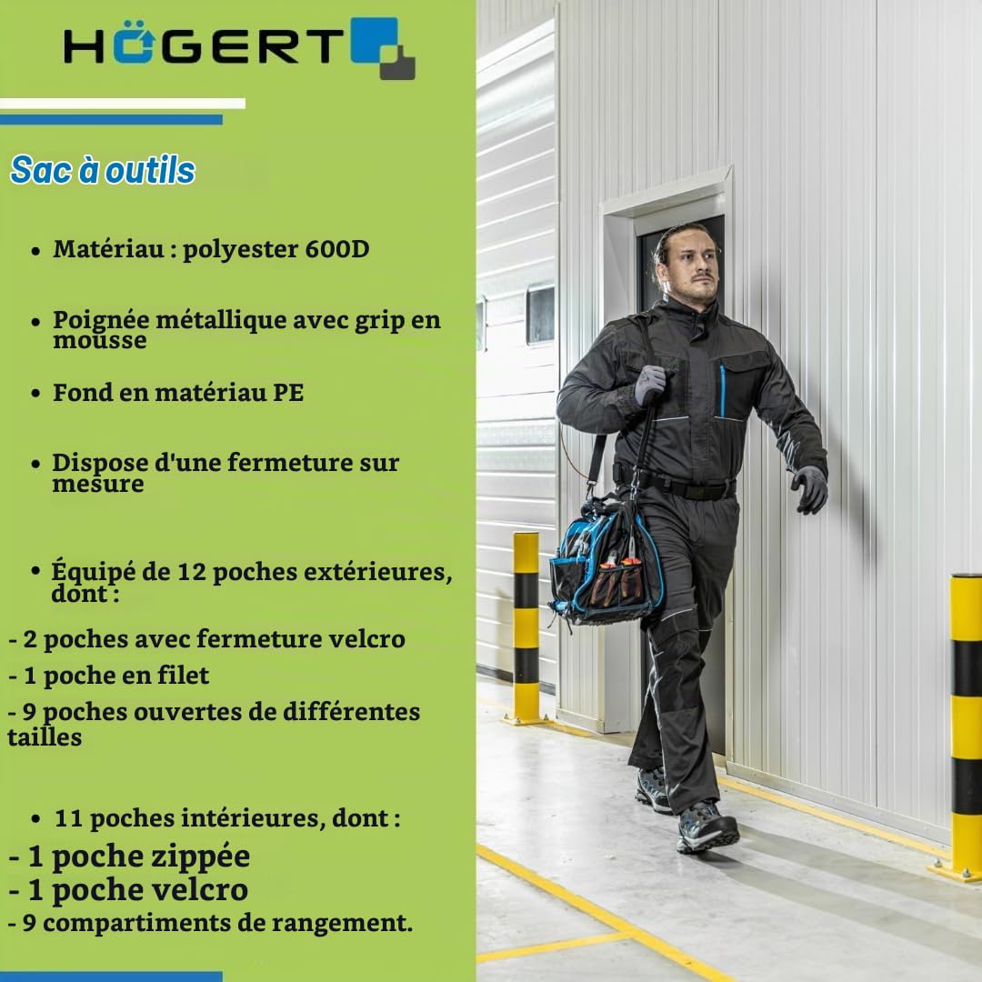 HÖGERT TECHNIK - Sac à outils, professionnel, multifonctionnel, étanche, en polyester 600D, sac à outils avec 12 poches extérieures et 11 poches intérieures (41,5 x 22,5 x 31 cm)