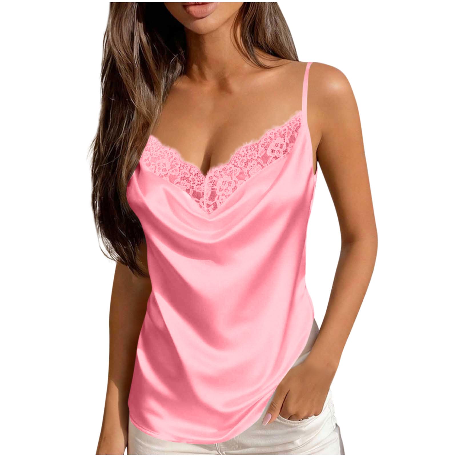 Huytertdr Women's Pink Satin Silk Camisole Tops For Uk Sexy Lace V Neck Cami Shirts Sleeveless Adjustable Spaghetti Strap Tank Tops Solid Silky Shirts
