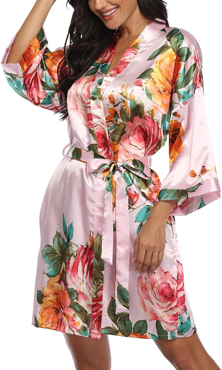 VOGMATE Floral Silk Robes for Women Short Satin Kimono Bride Bridesmaid Robes Bathrobe