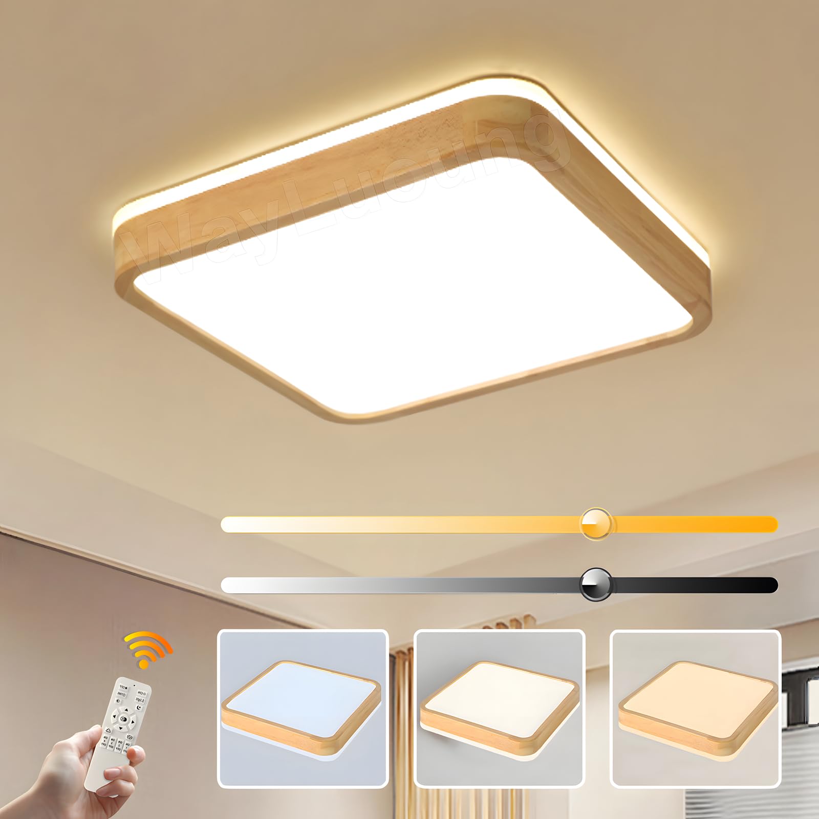 WayLuoung Lámpara De Techo LED De Madera | Ø40cm 3000-6000K 30W | Lámpara De Madera Natural Con Brillo 360° Parte Superior Cuadrada Dormitorio Sala De Estar Habitación (Regulable Con Control Remoto)