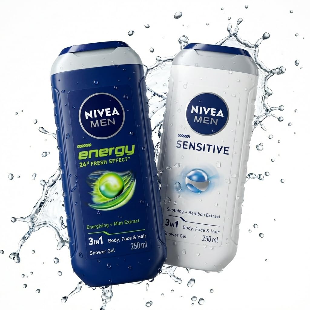 NIVEA MEN Shower Gel Gift Set - Energy & Sensitive Body Wash for Men, Moisturising Skin Care, 3-in-1 Hair Face Body Wash, Gifts for Men, Travel Shower Gel, 2 x 250ml Twin Pack
