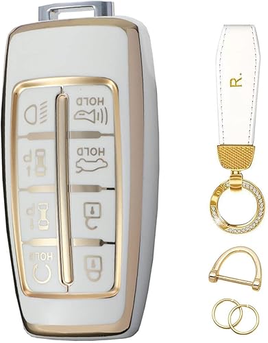 Funda de protección completa de TPU suave con llavero de cuero para 8 botones Hyundai Genesis G80 GV80 Smart Remote Key Shell blanco