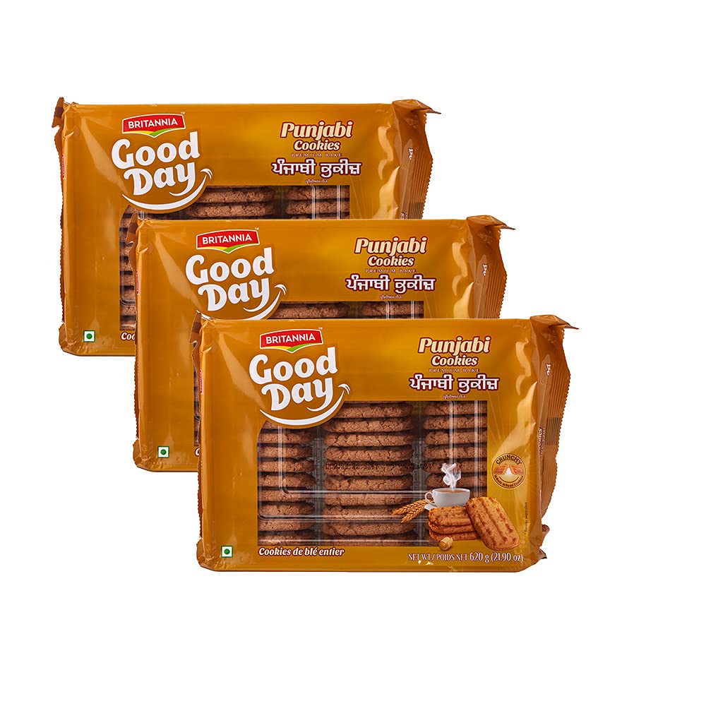 Britannia Whole Wheat Punjabi Cookies 620g (Pack of 3) - Highly Nutritive – No Added Preservatives – Tasty and Healthy - Cracker Biscuits Cookies Tea Time Snacks for Kids & Family