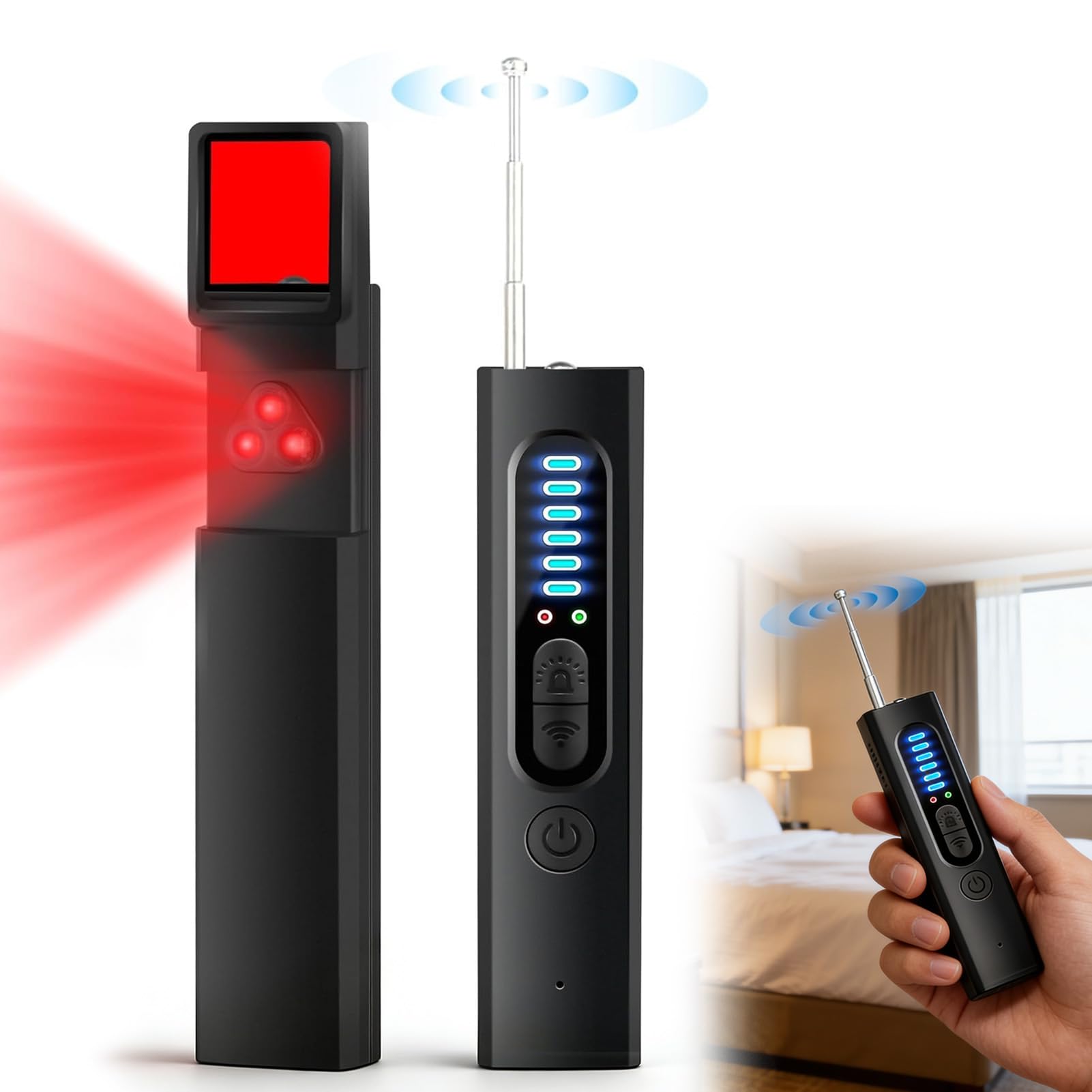 Détecteur de Caméra Cachée 4-en-1 avec Détection de Micro Espion & Traceur GPS Balayage Optique LED IR 5 Niveaux de Sensibilité Alarme Sécurité Anti-Espionnage pour Maison Bureau Hôtel Voyage