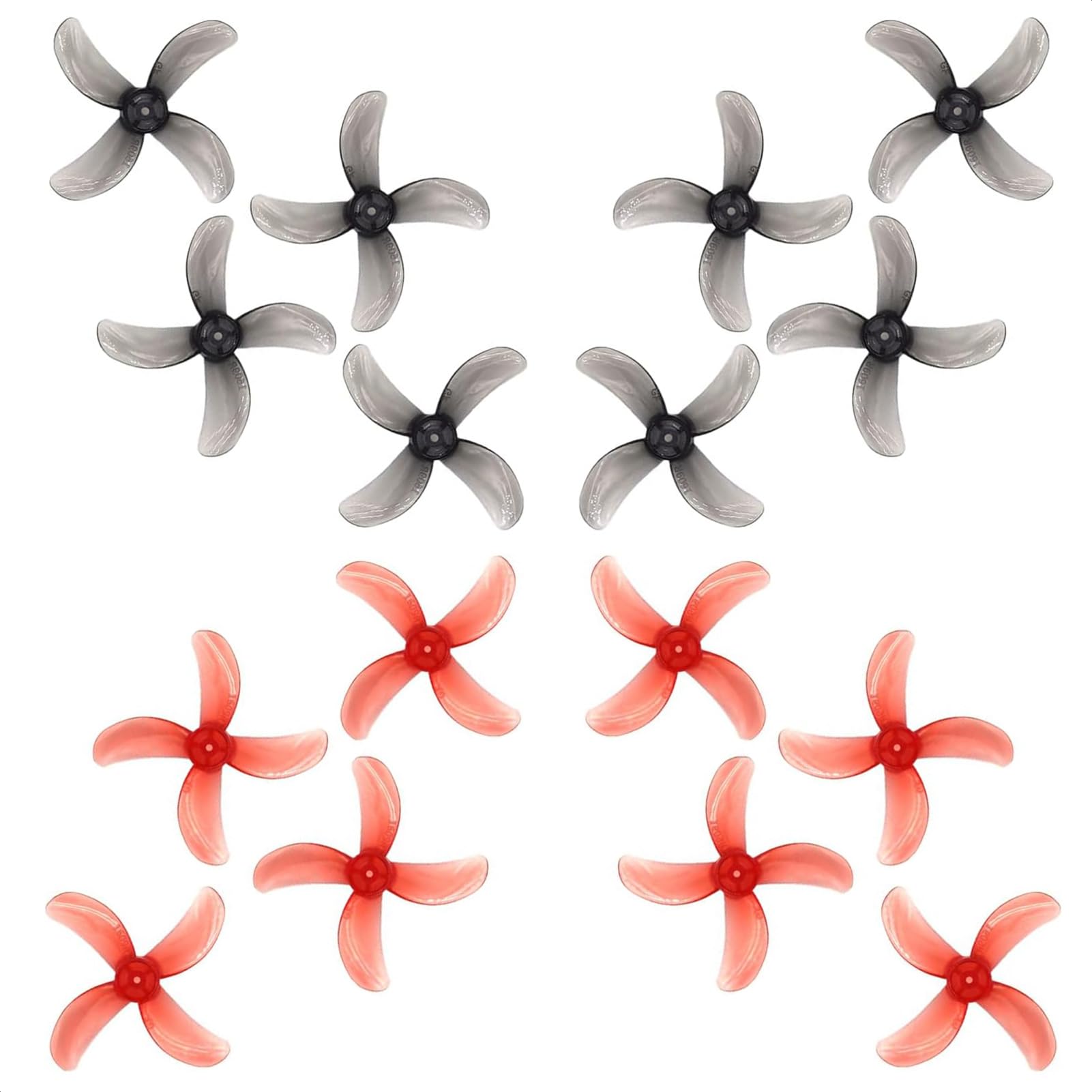 Gemfan 40mm 1609 4-Blade FPV Propellers with 1mm Center Hole for RC Freestyle Tiny Whoop Drones for 0802 1102 1103 Brushless Motors (Clear Red, Clear Gray, 16pcs - 8CW 8CCW)