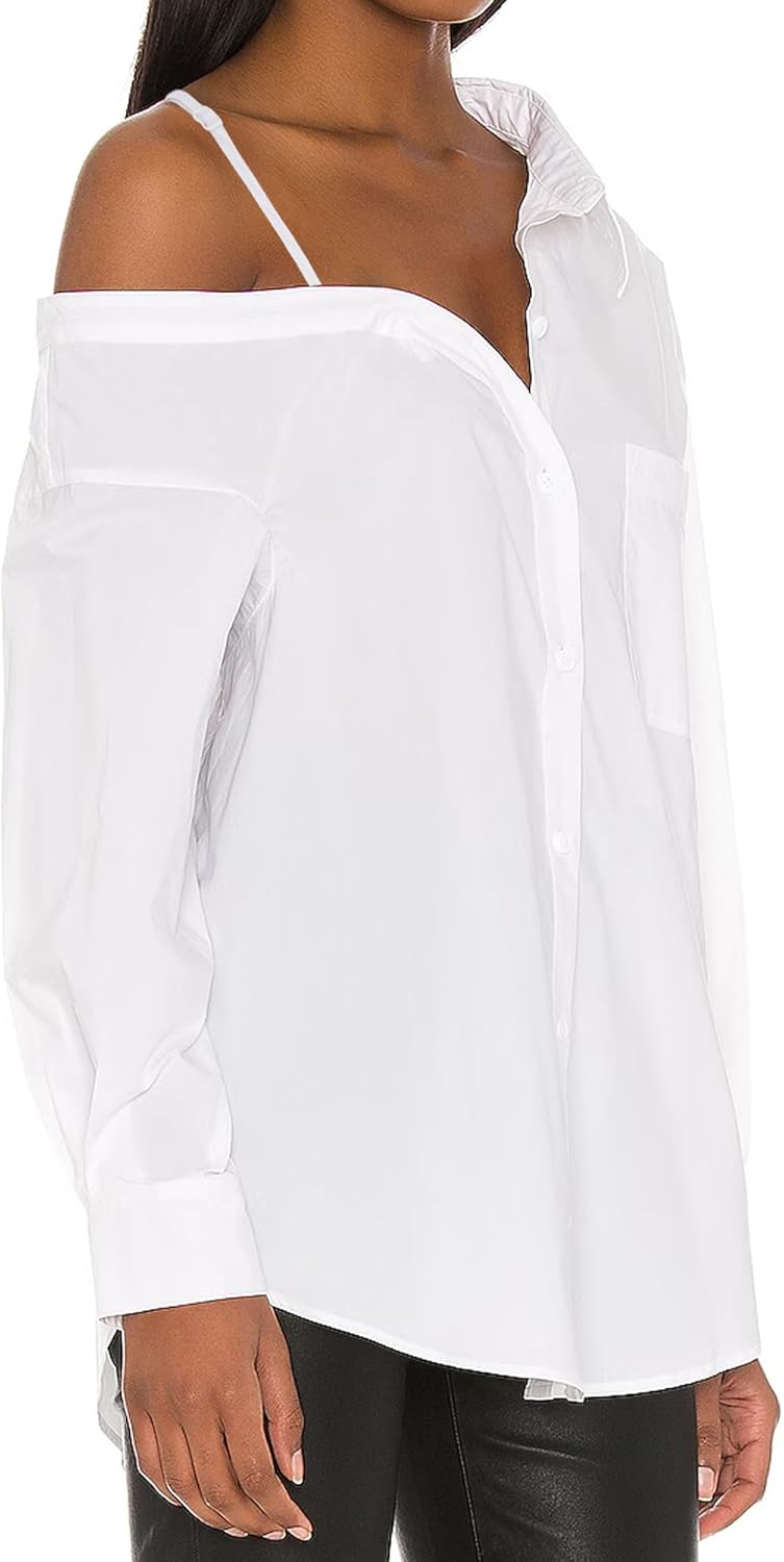SUNNOW Women's Off Shoulder Long Sleeve Blouse Adjustable Tie Shirt with Functional Breast Pocket Casual Chic Tops - Image 2