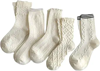 5 Pair Cute Beige Ruffle Frilly Rib Knit Crew Socks - Cottagecore Casual Ankle Coquette Kawaii Floral