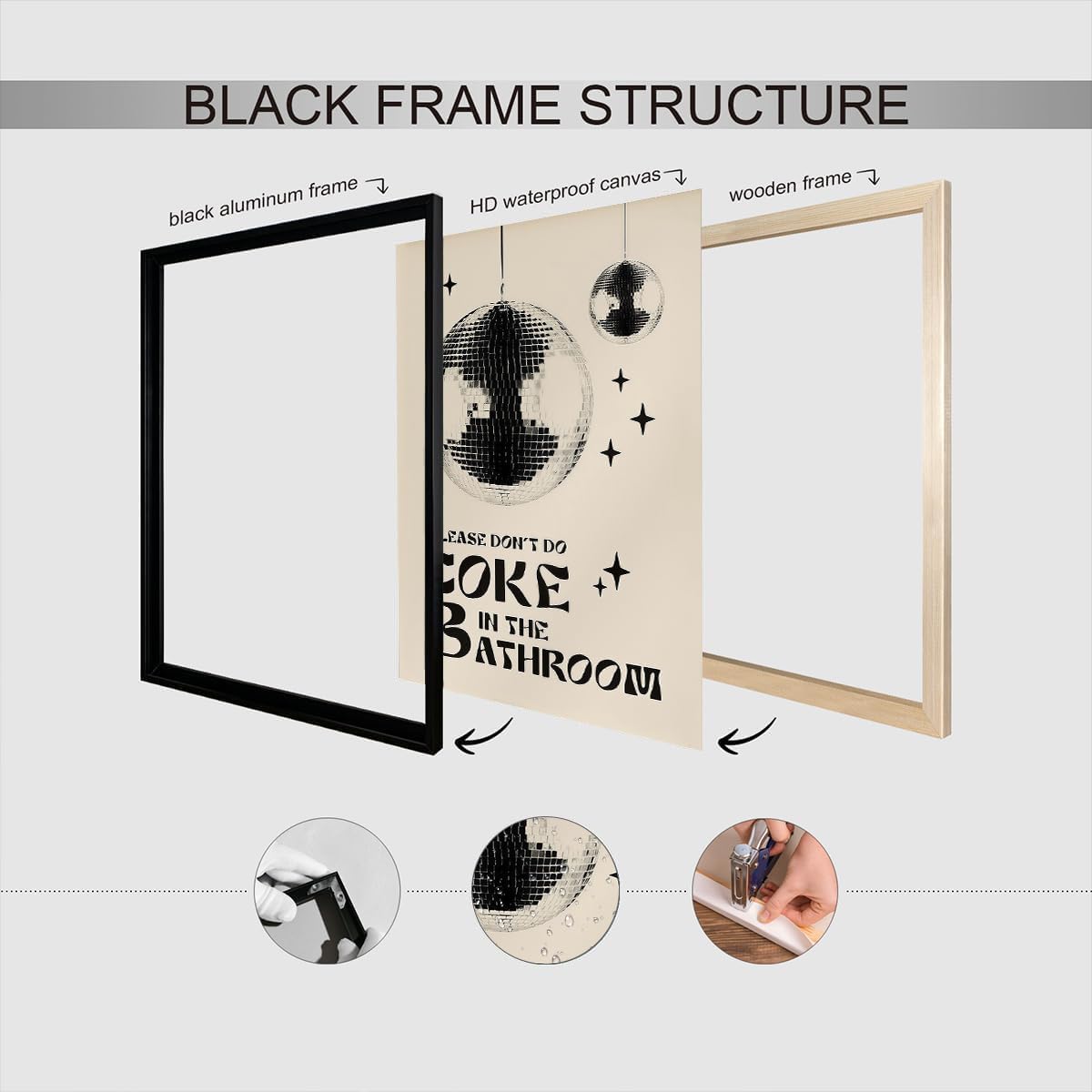 DVBOCS Vintage Black And White Disco Ball Canvas Wall Art Please Dont Do Coke In The Bathroom Posters Trendy Abstract Aesthetic Paintings For Washroom Restroom Toilet Wall Decor 8x12in Wrapped Canvas