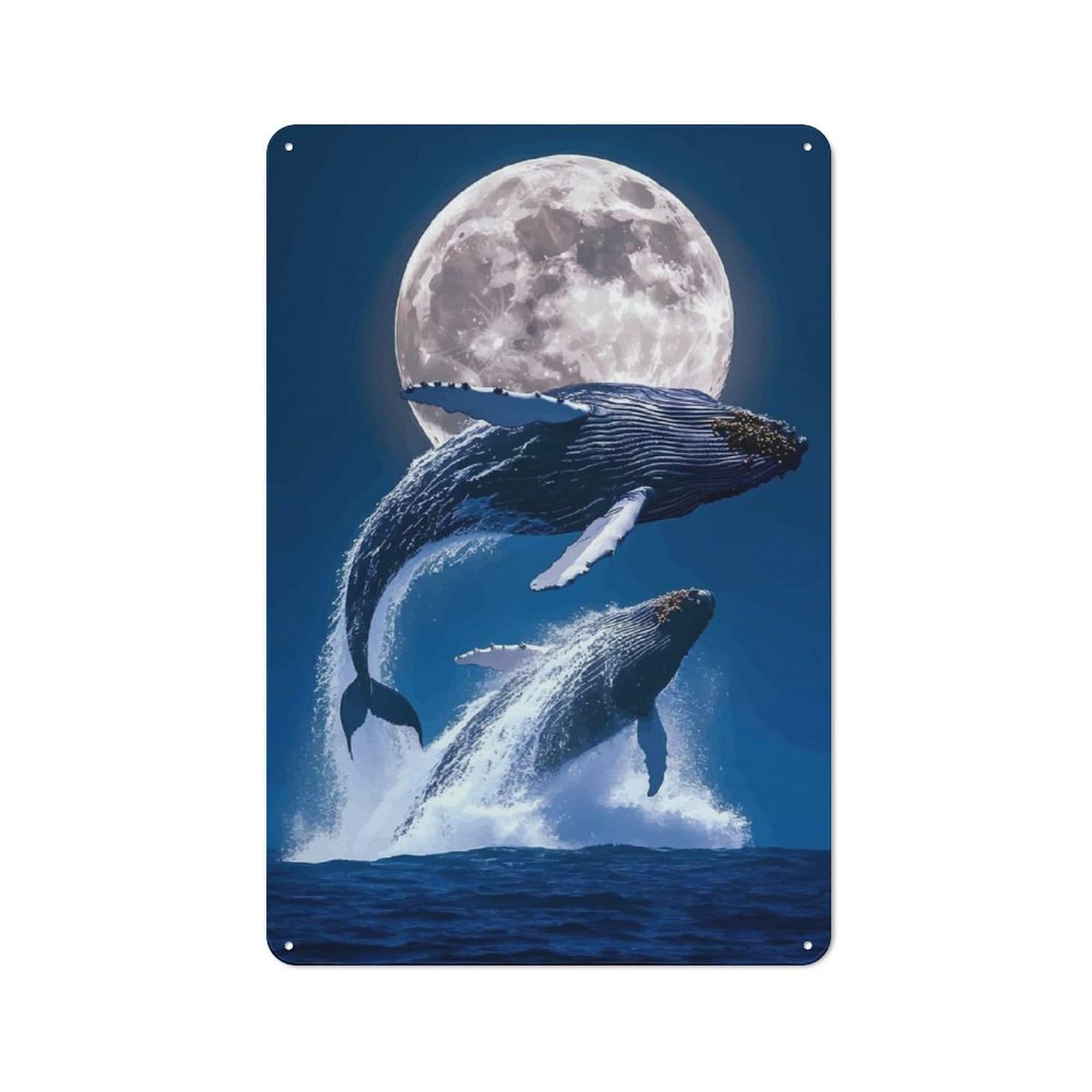 Junmoney Whales Breaching Under The Moonlight Retro Tin Sign 30X20cm For Living Room Or Hallway, Gift For Living Room Decor Lovers During The Christmas Season