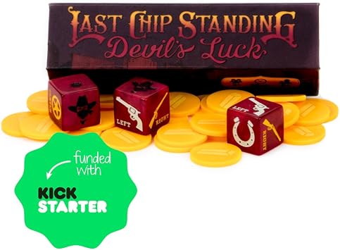 Last Chip Standing Devils Luck | Fast, Light & Fun Pocket Classic Family Dice Game | Includes 19mm Custom Dice, 24 Yellow Mini Chips, and Magnetic Carry Case | Travel-friendly Tabletop Board Game