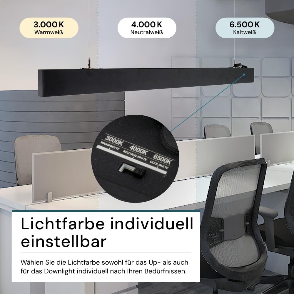 LUXULA LED Pendelleuchte 120 cm Schwarz, 30W 3600lm, 3000-6500K einstellbar, Hängelampe Up & Down Aluminium, Blendfrei UGR<19, Deckenlampe als Büro- & Tresenleuchte, Esszimmerlampe hängend