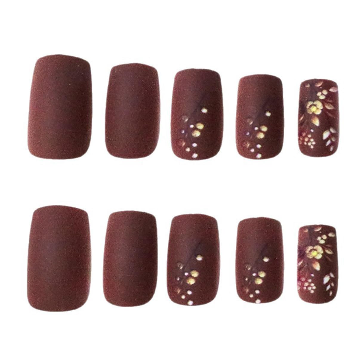 Brown Fall Press on Nails Short Medium Square Fake Nails Press ons Nail Art Tips with Gold Flowers Design Glossy False Nails Full Cover Glue on Nails Stick on Nail for Women 12 Sizes-24 Pcs Nail Kit